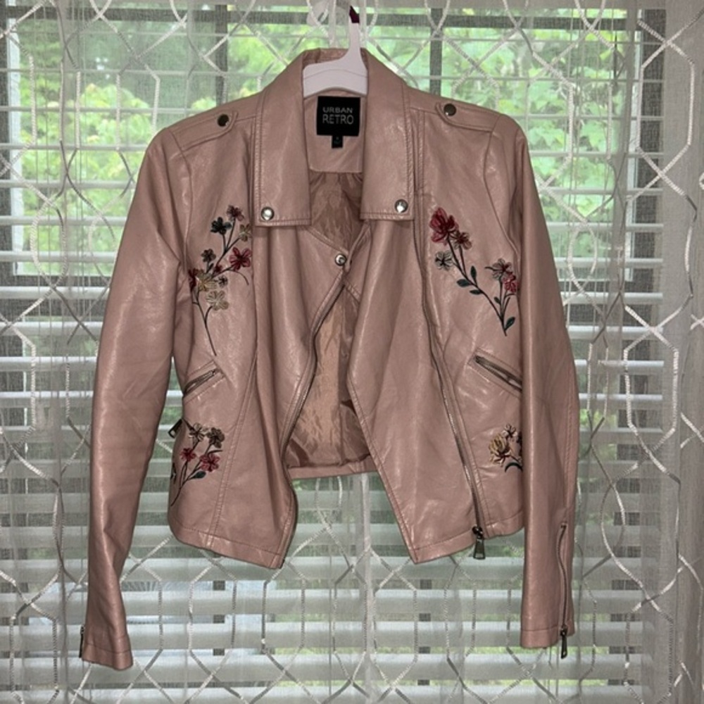 Urban Retro Pink Embroidery Pleather Jacket Size Small